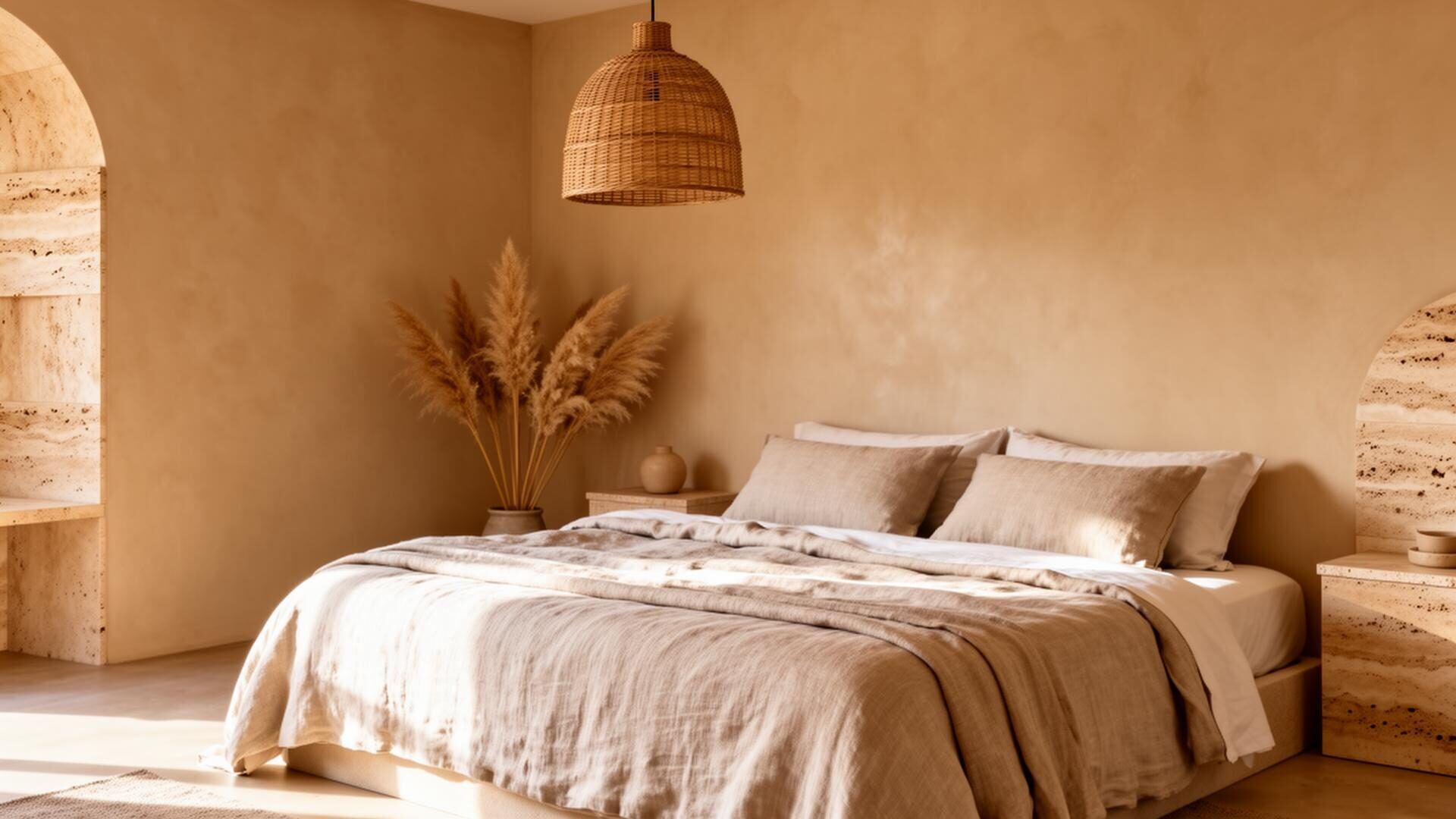 Hospitality-styled short-term rental suite with crisp white linens and morning light, prepared for the next guest.